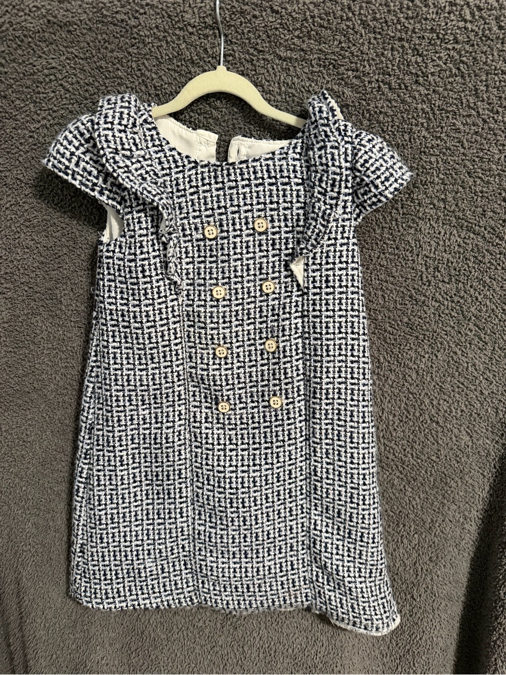 Girls Navy & White Tweed Dress with Button Front